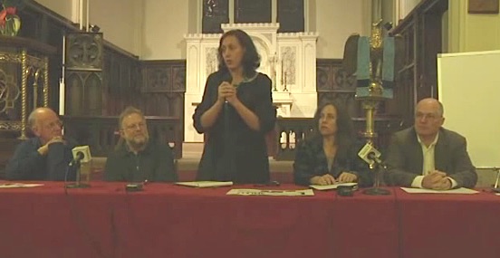 Ben Cohen and Jerry Greenfield (Ben & Jerry's), Cheryl Hannah and Jennifer Taub (Vermont Law School) and David Cobb (Move to Amend) at our Citizens United forum, November 2011.